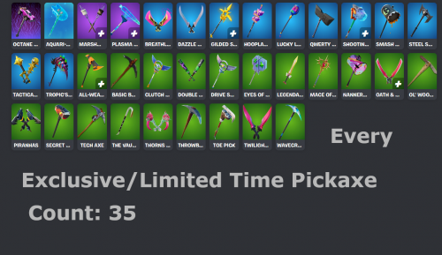 Every ExclusiveLimited Time Pickaxe Main Account.png